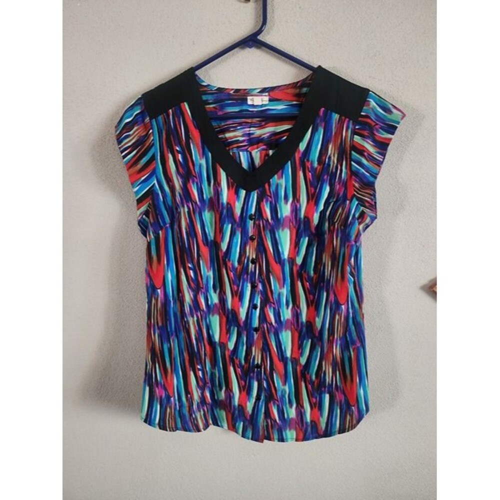 Antilia Femme Medium Abstract Brushstroke Print V-Neck Cap Sleeve Blouse Top EUC